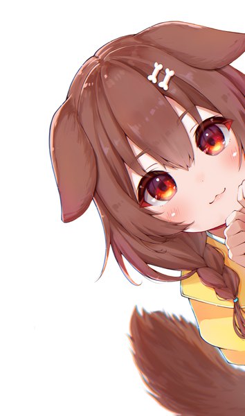 Anime picture 2122x3596 with virtual youtuber hololive inugami korone kohe billialot single long hair tall image looking at viewer blush fringe highres simple background hair between eyes red eyes brown hair white background animal ears upper body tail braid (braids)