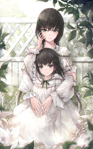 Anime-Bild 2500x4000 mit original crystalherb tall image looking at viewer blush fringe highres short hair black hair smile hair between eyes sitting twintails multiple girls green eyes outdoors braid (braids) very long hair arm up hug