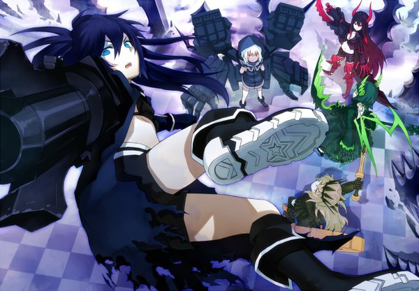 Anime picture 1400x974 with black rock shooter black rock shooter (character) dead master strength (black rock shooter) black gold saw chariot (black rock shooter) ken (fkenorat) long hair looking at viewer short hair open mouth blue eyes black hair blonde hair red eyes twintails multiple girls green eyes blue hair cleavage