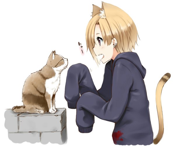 Anime picture 1025x859 with original kamata yuuya single fringe short hair open mouth simple background blonde hair white background brown eyes animal ears tail long sleeves animal tail cat ears cat tail screaming girl earrings