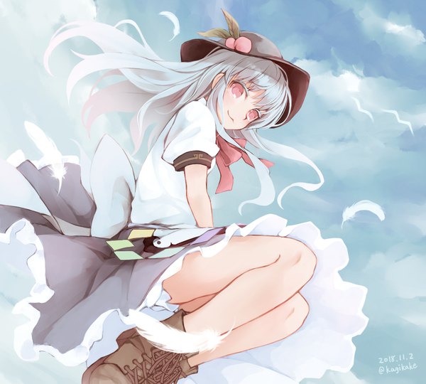 Anime picture 1000x900 with touhou hinanawi tenshi kazaguruma single long hair looking at viewer red eyes blue hair sky from below puffy sleeves dated midair girl hat animal boots bird (birds) feather (feathers)