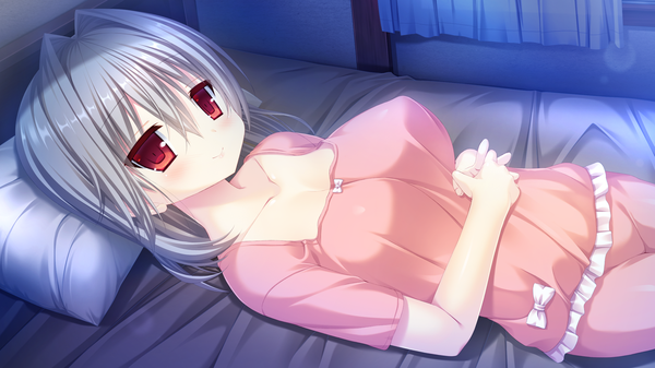 Anime picture 2048x1152 with natsu no majo no parade alisa crowley single long hair blush highres breasts light erotic smile red eyes wide image large breasts game cg lying grey hair girl pajamas