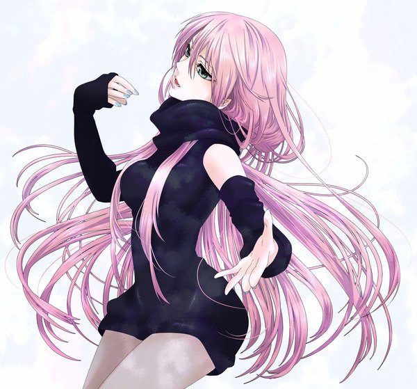 Anime picture 1600x1493 with vocaloid megurine luka naoto single long hair fringe breasts open mouth standing pink hair nail polish aqua eyes fingernails alternate costume girl detached sleeves scarf