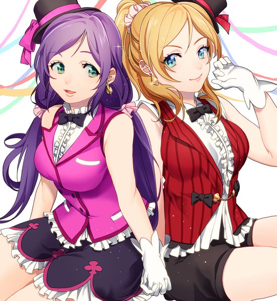 Anime picture 1470x1600 with love live! school idol project sunrise (studio) love live! toujou nozomi ayase eli mihatarou long hair tall image looking at viewer blue eyes blonde hair smile sitting twintails multiple girls green eyes purple hair ponytail sleeveless low twintails
