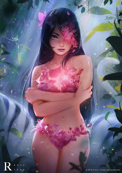 Anime picture 650x922 with original rossdraws (ross tran) single long hair tall image looking at viewer fringe breasts light erotic black hair standing bare shoulders signed payot light smile lips realistic bare legs bare belly grey eyes