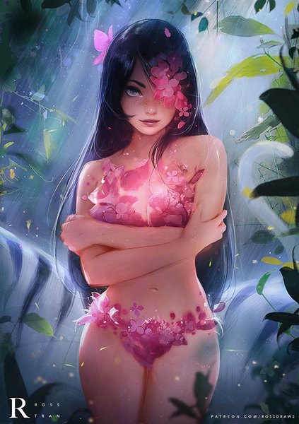 イラスト 650x922 と オリジナル rossdraws (ross tran) ソロ 長髪 長身像 カメラ目線 前髪 おっぱい light erotic 黒髪 立つ 肩出し signed payot light smile lips realistic bare legs bare belly grey eyes