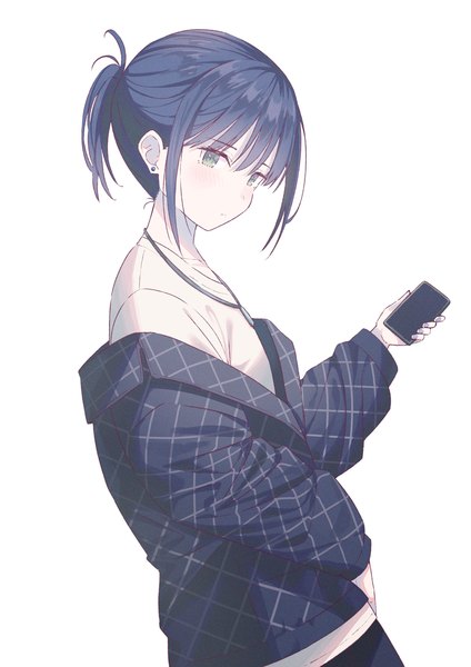 Anime picture 1414x2000 with original koh rd single tall image blush fringe short hair simple background hair between eyes standing white background holding green eyes payot blue hair ponytail long sleeves off shoulder open jacket plaid