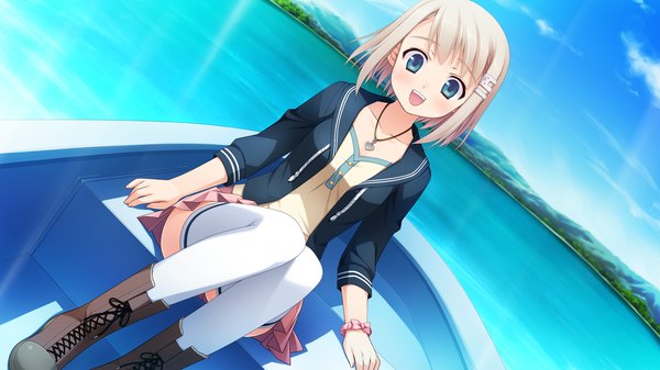 Anime picture 1920x1080 with imouto no katachi chimari mima blush highres short hair open mouth blue eyes blonde hair wide image game cg girl thighhighs skirt hair ornament miniskirt white thighhighs boots hairclip