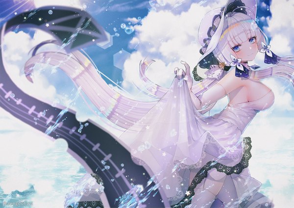 Anime picture 1500x1061 with azur lane illustrious (azur lane) hanato (seonoaiko) single looking at viewer blush fringe breasts blue eyes light erotic large breasts sky silver hair cloud (clouds) ahoge blunt bangs very long hair lens flare low ponytail tress ribbon