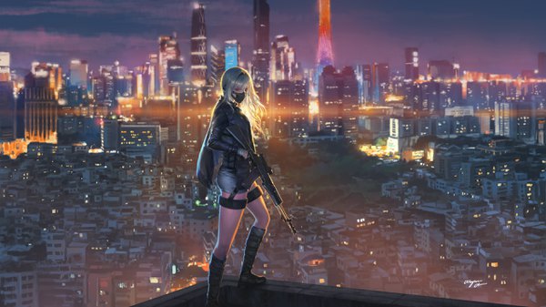 Anime picture 2560x1440 with girls frontline an-94 (girls frontline) wayne chan single long hair fringe highres blue eyes hair between eyes wide image standing holding signed silver hair outdoors long sleeves night wallpaper night sky city