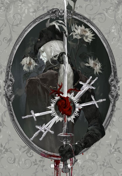 Anime picture 1500x2165 with bloodborne from software lady maria of the astral clocktower bloodytongue666 single long hair tall image looking at viewer fringe hair between eyes holding green eyes white hair looking back from behind arm behind back girl gloves flower (flowers) weapon