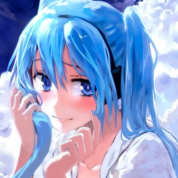 Anime picture 800x800 with vocaloid hatsune miku bob (biyonbiyon) single long hair looking at viewer blush fringe smile twintails holding blue hair sky cloud (clouds) nail polish sunlight adjusting hair girl headphones