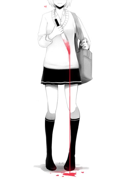 Anime picture 545x800 with original aionlights single tall image short hair simple background blonde hair standing white background holding pleated skirt monochrome blood stains spot color girl skirt uniform school uniform socks heart