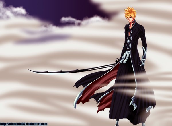 Anime picture 1200x879 with bleach studio pierrot kurosaki ichigo abuamin32 single short hair blonde hair brown eyes japanese clothes coloring torn clothes smoke boy weapon sword kimono