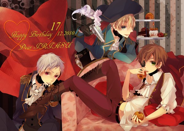 Anime picture 2208x1577 with axis powers hetalia studio deen united kingdom (hetalia) prussia (hetalia) spain (hetalia) musou yuchi highres short hair blonde hair red eyes brown hair green eyes white hair mouth hold boy gloves weapon hat boots sweets