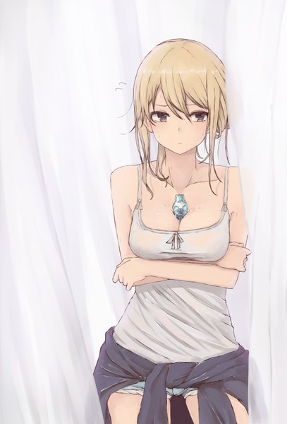 Anime picture 2334x3441 with original rutchifu single long hair tall image fringe highres light erotic blonde hair standing bare shoulders looking away no bra grey eyes sweat crossed arms between breasts girl shorts short shorts
