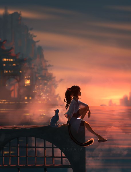 Anime picture 3000x3939 with final fantasy final fantasy xiv square enix avatar (ff14) safaiaart single long hair tall image fringe highres brown hair sitting signed animal ears looking away sky full body ponytail tail animal tail
