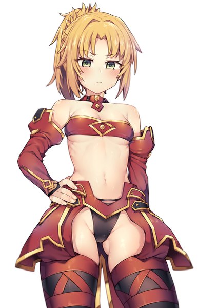 Anime-Bild 847x1200 mit fate (series) fate/grand order fate/apocrypha mordred (fate) jp06 single long hair tall image looking at viewer blush fringe breasts light erotic simple background blonde hair standing white background bare shoulders green eyes payot