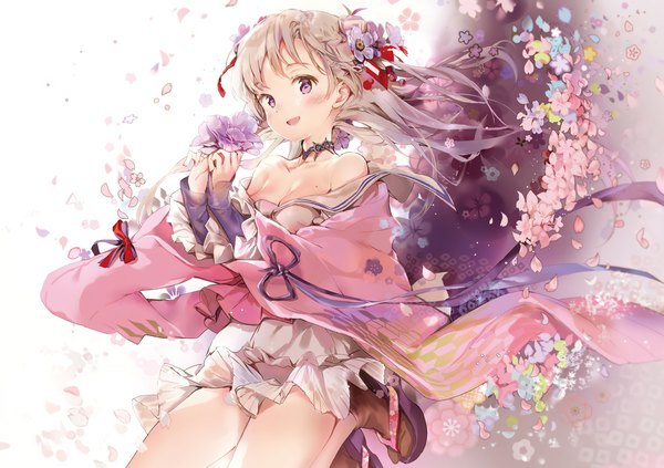 Anime picture 1629x1149 with original anmi single long hair looking at viewer blush fringe breasts open mouth smile purple eyes bare shoulders holding cleavage silver hair bent knee (knees) long sleeves traditional clothes :d japanese clothes