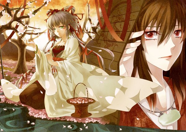 Anime picture 1200x849 with vocaloid pixiv vocaloid china luo tianyi yuezheng ling long hair looking at viewer red eyes brown hair multiple girls green eyes traditional clothes grey hair alternate costume chinese clothes mountain sad girl dress flower (flowers)