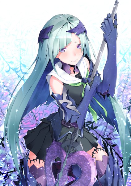 Anime picture 800x1131 with fate (series) fate/grand order brynhildr (fate) sahara386 single long hair tall image looking at viewer blush purple eyes from above aqua hair embarrassed sailor collar girl weapon armor