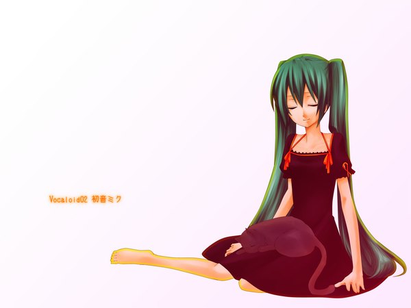 Anime picture 1024x768 with vocaloid hatsune miku single long hair fringe simple background white background sitting twintails full body bent knee (knees) eyes closed aqua hair inscription copyright name girl dress animal black dress cat