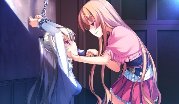 Anime picture 2660x1540 with sinclient hajikano shizuku ogi mina reesaa long hair blush highres blue eyes blonde hair red eyes brown hair wide image multiple girls game cg white hair indoors face to face eye contact chained chin grab