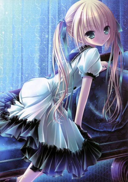 Anime picture 2480x3517 with ro-kyu-bu! project no.9 misawa maho tinker bell single long hair tall image looking at viewer blush highres blue eyes blonde hair twintails loli girl dress ribbon (ribbons) hair ribbon couch