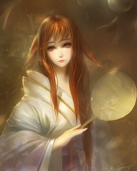 Anime picture 1600x2000 with original orry single long hair tall image looking at viewer fringe brown hair signed animal ears braid (braids) traditional clothes lips realistic wide sleeves orange eyes single braid dust jpeg artifacts girl
