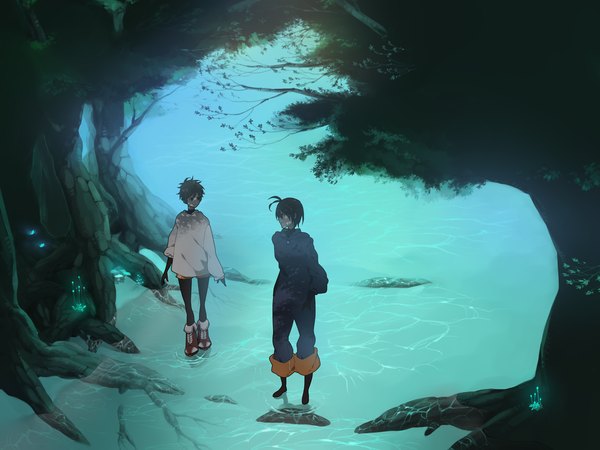 Anime picture 2272x1704 with ookiku furikabutte a-1 pictures mihashi ren izumi kousuke hana bell forest highres short hair full body ahoge multiple boys boy plant (plants) tree (trees) water boots 2 boys jumpsuit