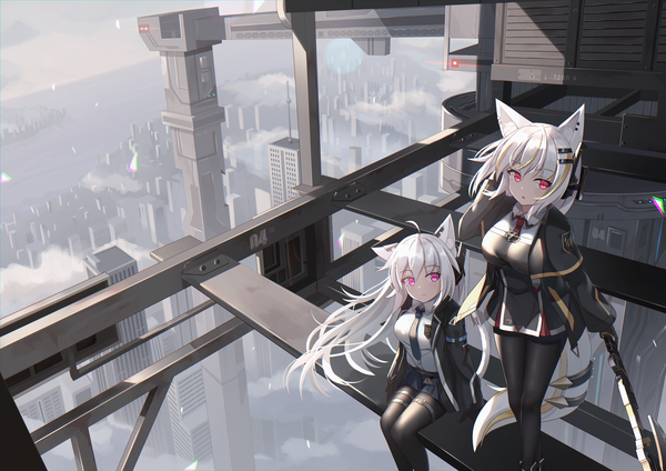 Anime picture 4093x2894 with original f (milfaaaaa) long hair looking at viewer fringe highres hair between eyes red eyes standing sitting multiple girls holding animal ears absurdres sky silver hair cloud (clouds) ahoge outdoors tail
