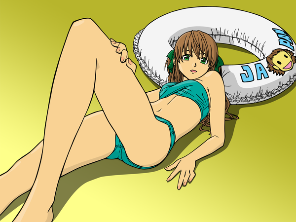 Anime picture 1600x1200 with yakitate!! japan azusagawa tsukino single long hair looking at viewer open mouth light erotic brown hair green eyes lying bare belly bare legs shadow on back vector girl navel bow swimsuit hair bow