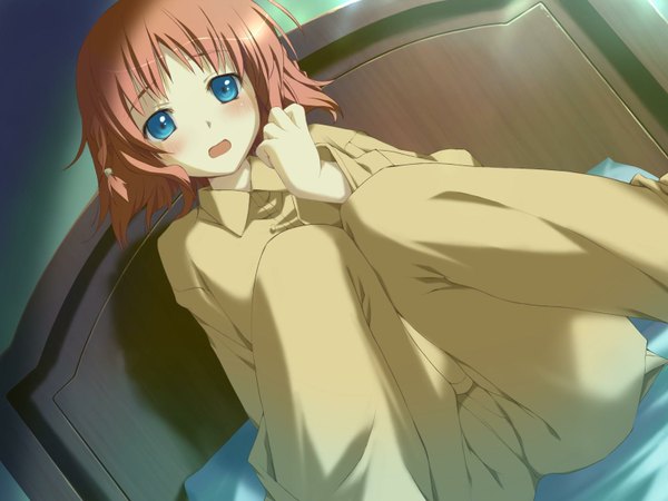 Anime picture 1600x1200 with happy margaret amagahara inaho kokonoka blush short hair open mouth blue eyes game cg red hair girl bed pajamas