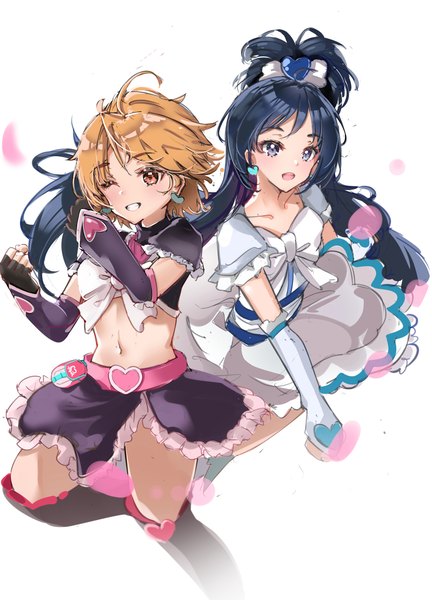 Anime picture 1470x2042 with precure futari wa pretty cure toei animation yukishiro honoka misumi nagisa cure white cure black scup long hair tall image short hair open mouth black hair simple background smile white background purple eyes multiple girls :d one eye closed