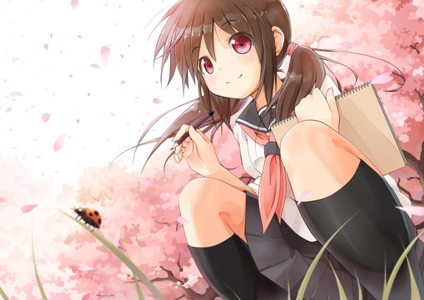 Anime picture 1400x990 with original naono long hair black hair red eyes cherry blossoms squat girl plant (plants) petals tree (trees) socks serafuku black socks