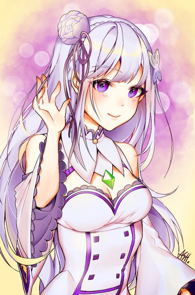 Anime picture 697x1051 with re:zero kara hajimeru isekai seikatsu white fox emilia (re:zero) luximerx ash single long hair tall image looking at viewer blush fringe breasts smile purple eyes bare shoulders signed payot cleavage silver hair upper body arm up