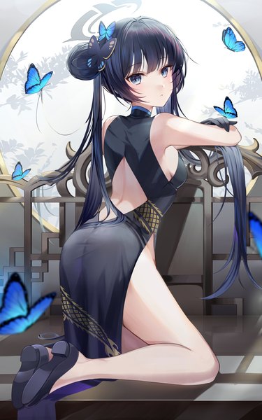 Anime picture 2066x3307 with blue archive kisaki (blue archive) ion (on01e) single long hair tall image looking at viewer fringe highres breasts blue eyes light erotic black hair twintails full body indoors blunt bangs traditional clothes looking back from behind