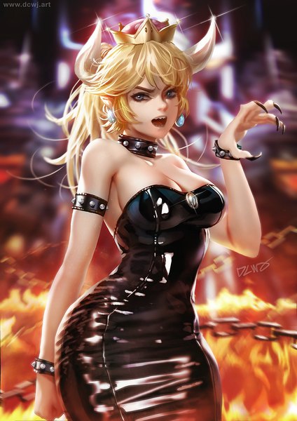 Anime picture 990x1400 with super mario bros. new super mario bros. u deluxe bowsette dcwj single long hair tall image looking at viewer breasts open mouth blue eyes light erotic blonde hair standing bare shoulders signed cleavage ponytail nail polish parted lips
