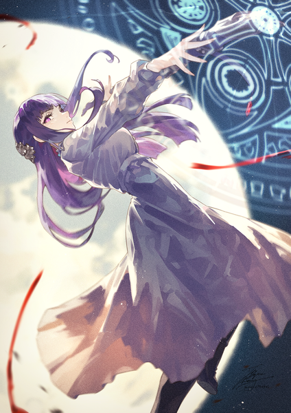 Anime picture 1061x1500 with sousou no frieren fern (sousou no frieren) fadingz single long hair tall image looking at viewer fringe purple eyes signed purple hair blunt bangs magic girl dress hair ornament magic circle