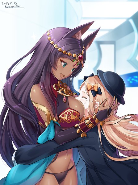 Anime picture 800x1074 with fate (series) fate/grand order abigail williams (fate) queen of sheba (fate) kuzumochi (kuzumochiya) long hair tall image breasts open mouth light erotic blonde hair large breasts multiple girls green eyes signed animal ears purple hair eyes closed :d hug