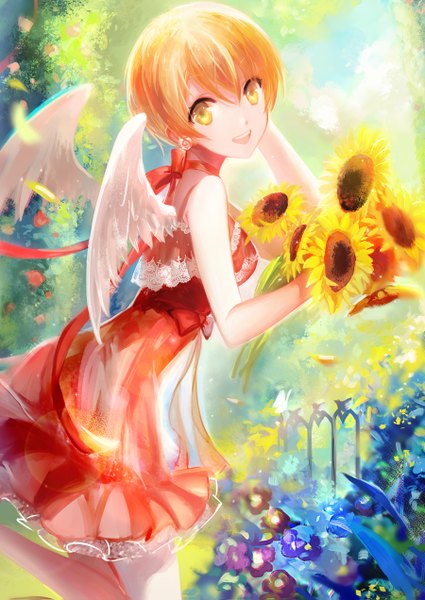 Anime picture 900x1271 with love live! school idol project sunrise (studio) love live! hoshizora rin juexing (moemoe3345) single tall image looking at viewer fringe short hair blonde hair smile bare shoulders holding yellow eyes bent knee (knees) sunlight bare legs happy white wings