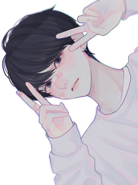 Anime picture 1194x1600 with original kusumint single tall image looking at viewer fringe short hair black hair simple background hair between eyes white background upper body black eyes piercing victory ear piercing bandaid on face bandaid on nose bandaid on hand boy