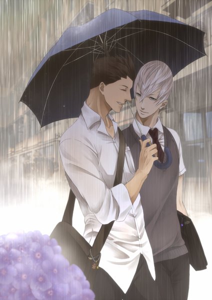 Anime picture 1446x2046 with sengoku basara production i.g mitsunari ishida tokugawa ieyasu akihito tall image short hair smile brown hair silver hair eyes closed multiple boys grey eyes rain shared umbrella boy uniform flower (flowers) school uniform necktie