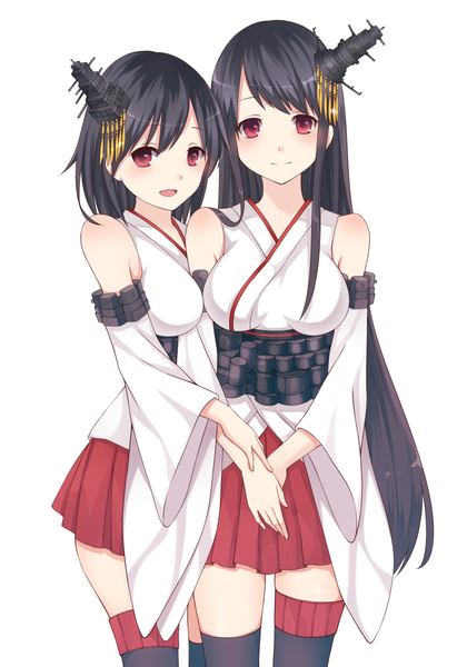 Anime-Bild 840x1200 mit kantai collection yamashiro battleship fusou battleship he92 long hair tall image looking at viewer short hair open mouth black hair simple background red eyes white background bare shoulders multiple girls traditional clothes nontraditional miko girl thighhighs hair ornament