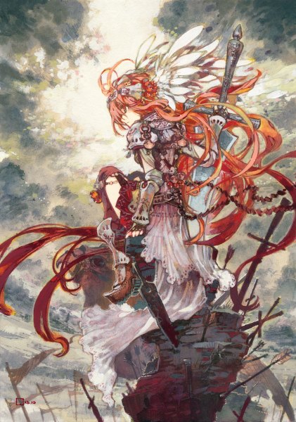 Anime picture 842x1200 with original pixiv konno takashi long hair tall image red eyes sky red hair very long hair profile rock traditional media watercolor (medium) valkyrie girl gloves hair ornament weapon sword huge weapon