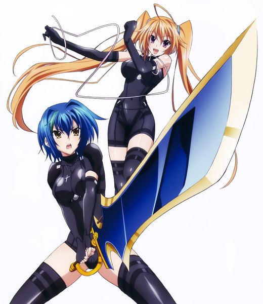 Anime picture 3422x3952 with highschool dxd xenovia quarta shidou irina mishima hiroji long hair tall image highres short hair open mouth light erotic blonde hair white background purple eyes twintails multiple girls yellow eyes blue hair absurdres scan official art