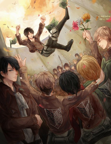 Anime picture 800x1035 with shingeki no kyojin production i.g mikasa ackerman eren yaeger levi (rivaille) armin arlert jean kirstein fiveonthe tall image short hair open mouth blue eyes black hair blonde hair brown hair signed sky cloud (clouds) eyes closed profile