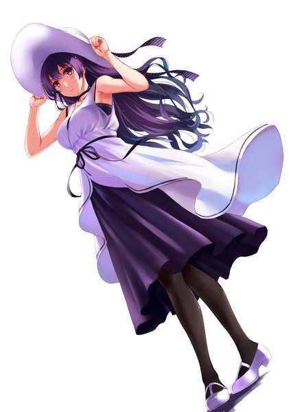 Anime picture 1500x2121 with saenai heroine no sodatekata a-1 pictures kasumigaoka utaha mizuki ame single long hair tall image blush smile white background purple eyes looking away purple hair girl dress hat pantyhose