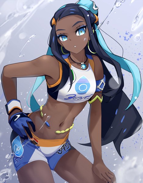 Anime picture 1758x2250 with pokemon pokemon (game) pokemon swsh nintendo nessa (pokemon) giba (out-low) single long hair tall image looking at viewer highres blue eyes light erotic black hair simple background standing bare shoulders payot braid (braids) head tilt