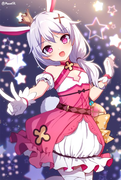 Anime picture 600x888 with honkai impact 3rd honkai (series) theresa apocalypse mauve single long hair tall image looking at viewer open mouth signed animal ears silver hair tail head tilt :d animal tail pink eyes bunny ears twitter username outstretched arm
